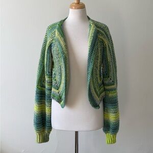 Handmade Crochet Green & Blue Boho Cardigan | cropped, open front | One Of A Kin